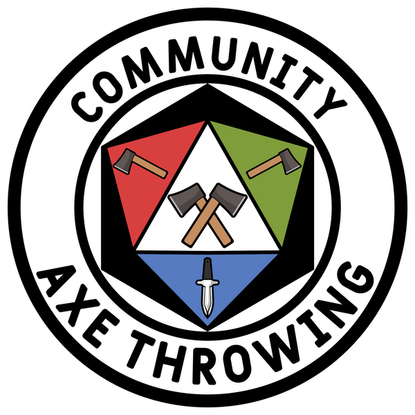Logo for Community Axe Throwing with crossed axes and colored sections.