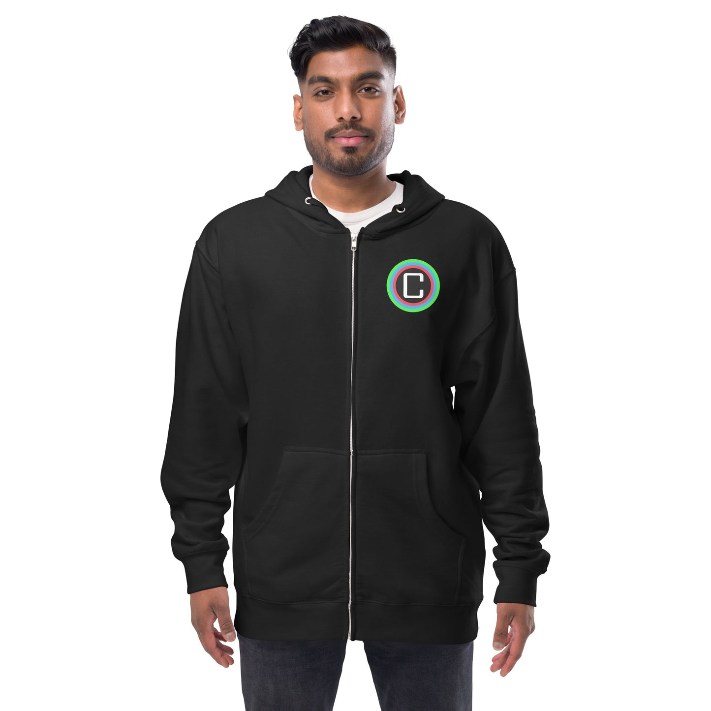 Unisex zip up hoodie - Front: Logo, Back: Text