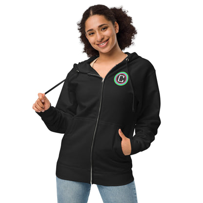 Unisex zip up hoodie - Front: Logo, Back: Text